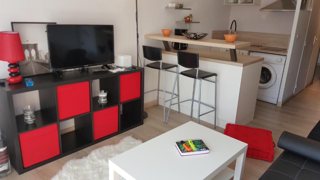un salon avec une télévision et une cuisine dans l'établissement Appartement Charmant Vélusine, à Antibes