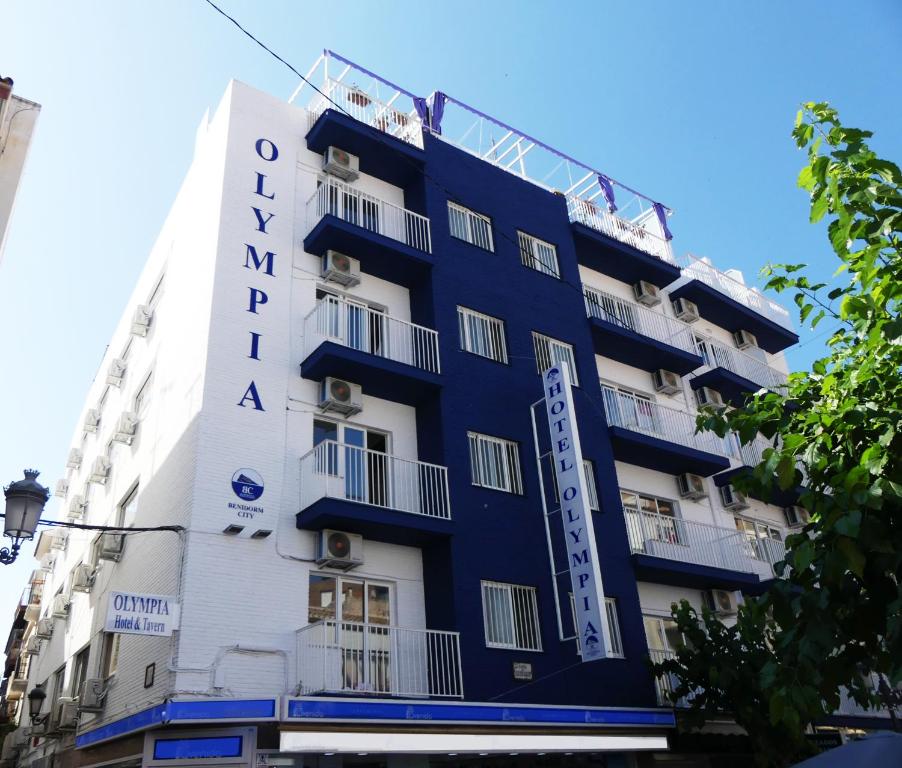a blue and white building with a sign on it at Hotel Benidorm City Olympia in Benidorm
