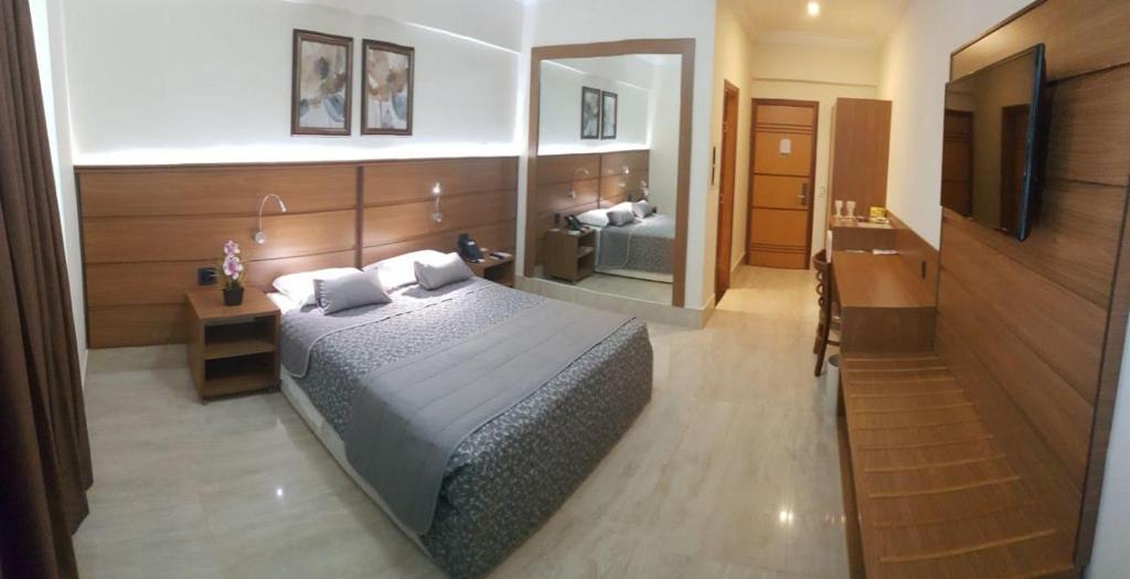 a bedroom with a bed and a desk and a television at Tamareiras Prime Hotel in Uberaba