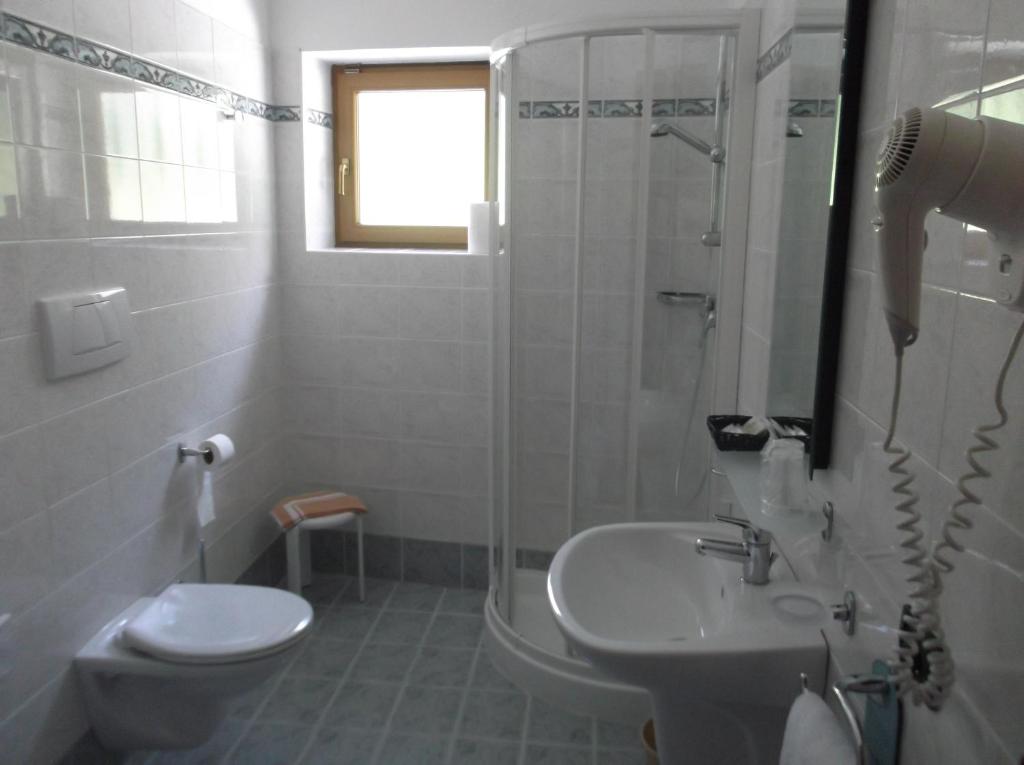 un bagno con wc, lavandino e doccia di Hotel Tyrolia a Malga Ciapela