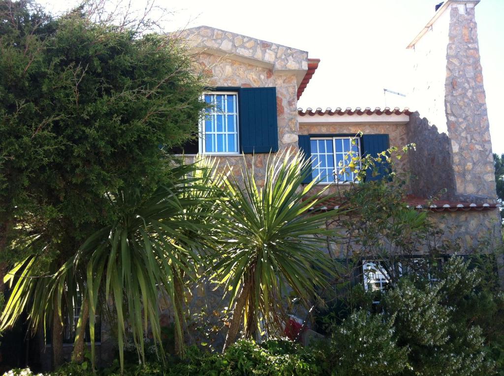 Casa de piedra con ventanas azules y palmeras en Avó das Bolachas House, en Famalicão