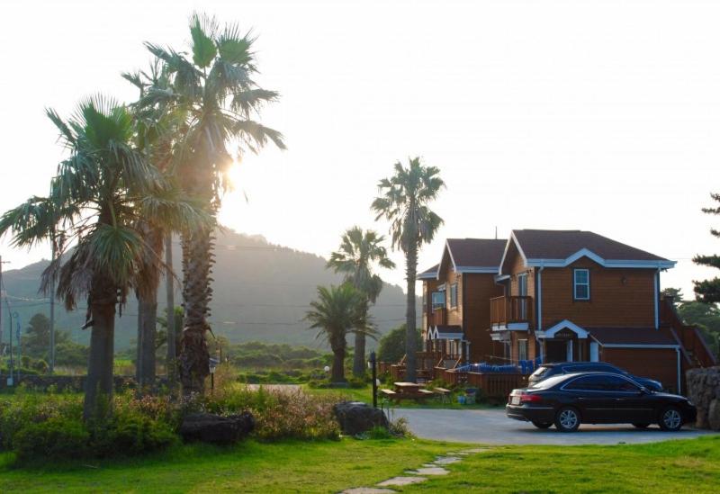 a car parked in front of a house with palm trees at Sweetsalt in Seogwipo