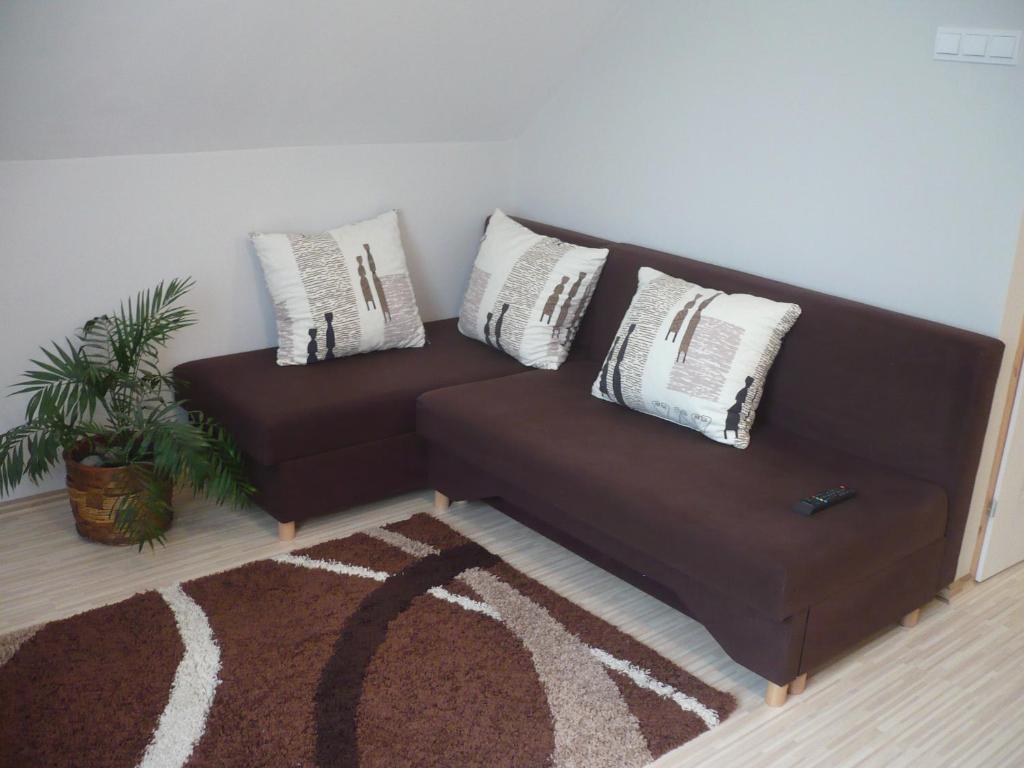 ハイドゥソボスローにあるEszter apartmanházの茶色のソファ(枕3つ付)