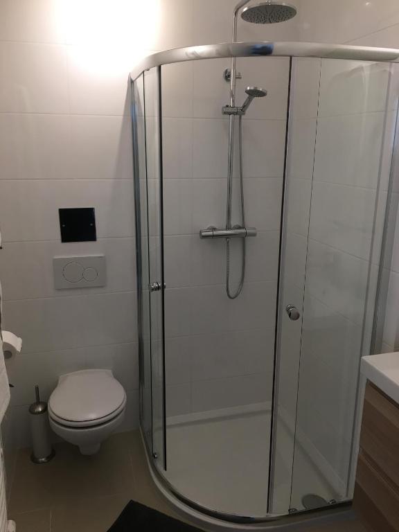 a bathroom with a glass shower with a toilet at Apartments42 in Klosterneuburg