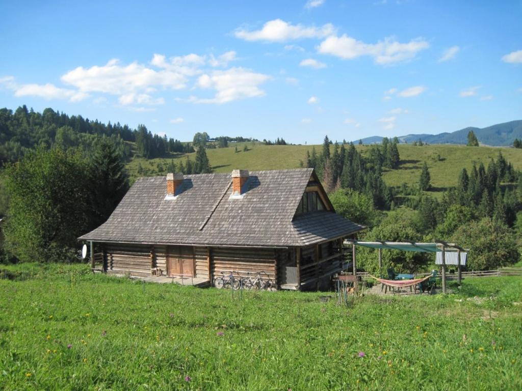 einem Blockhaus in der Mitte eines Feldes in der Unterkunft Volia Vasha in Werchowyna