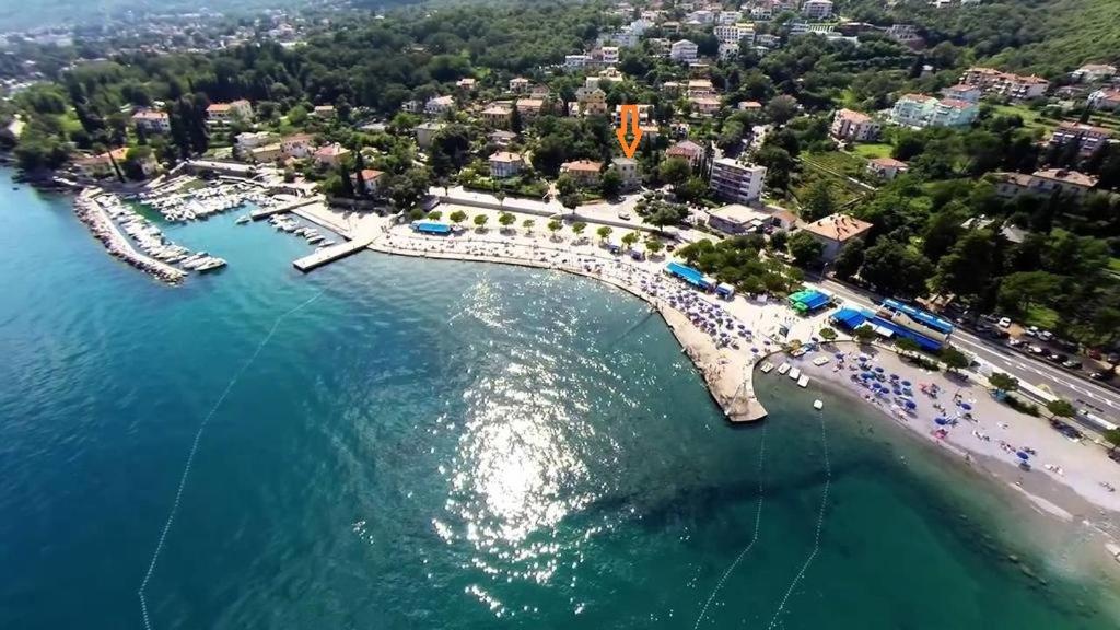 an aerial view of a beach with a bridge over the water at Palmgarden Apartments Opatija-Ičići in Opatija