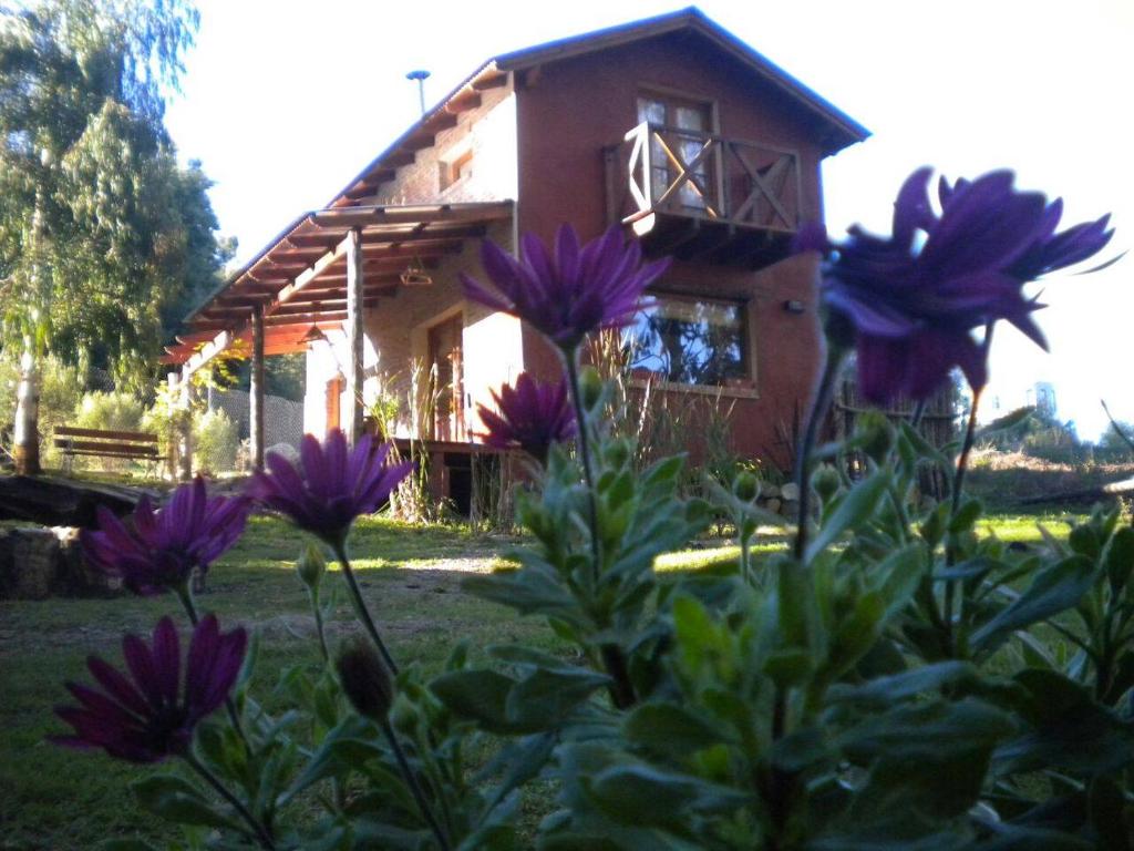 una casa con flores púrpuras delante de ella en Cabañas "Lola Mora" en Tandil