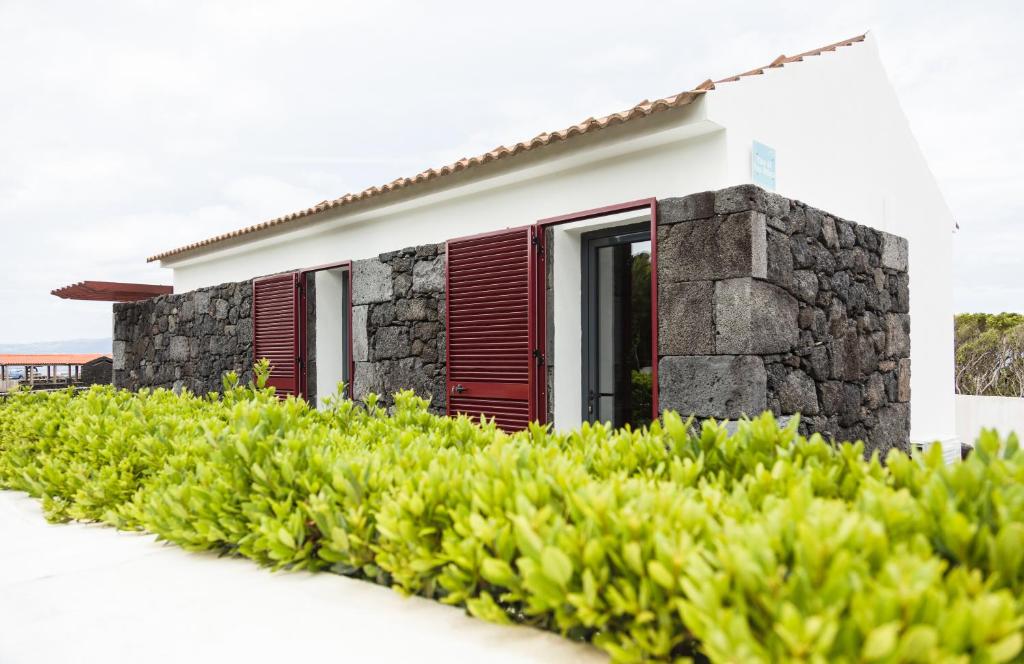 una casa con una pared de piedra y arbustos verdes en Casa Da Poca Branca, en Prainha de Baixo