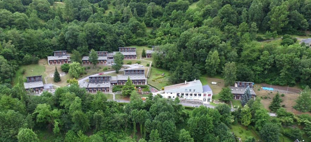 an aerial view of a large house in the woods at VVF Saint-Lary-Soulan Hautes-Pyrénées in Saint-Lary-Soulan