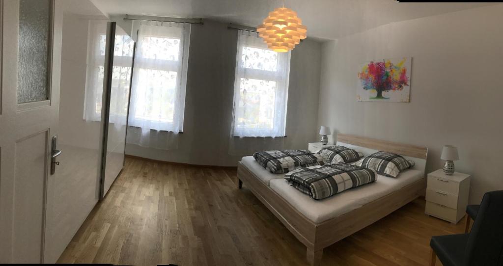 ライプツィヒにあるCitycenter Appartmentのベッドルーム1室(枕付きのベッド1台、シャンデリア付)