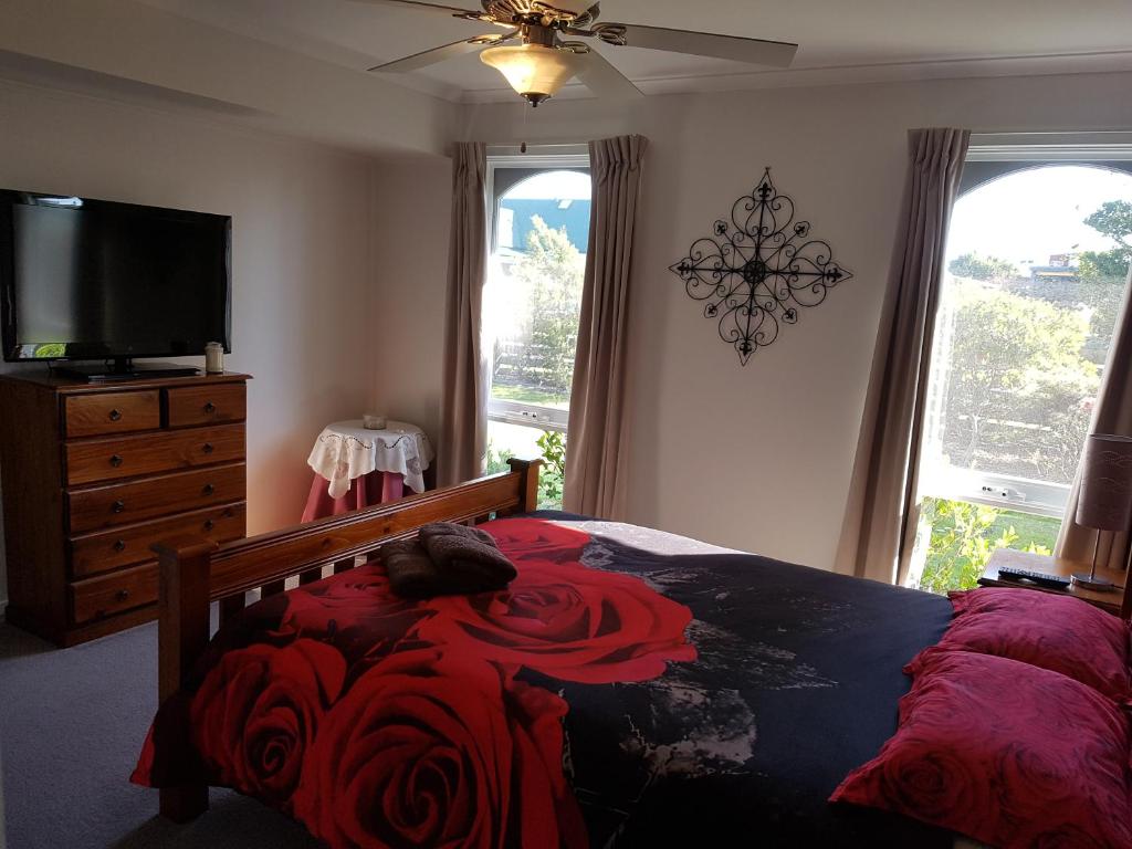 a bedroom with a bed and a television and windows at Kings Cottage in Paynesville