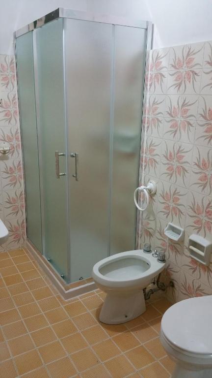 Villa L'isola في تريكاس: حمام مع مرحاض ودش زجاجي