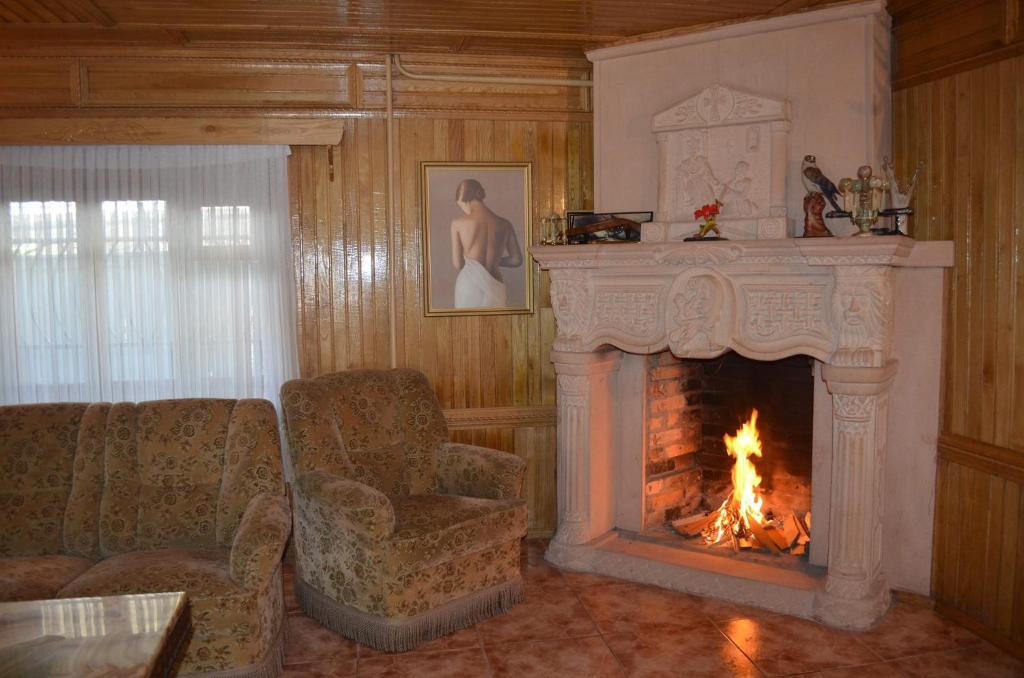uma sala de estar com lareira e um sofá e uma cadeira em Guest House Metreveli Street 19 em Khashuri