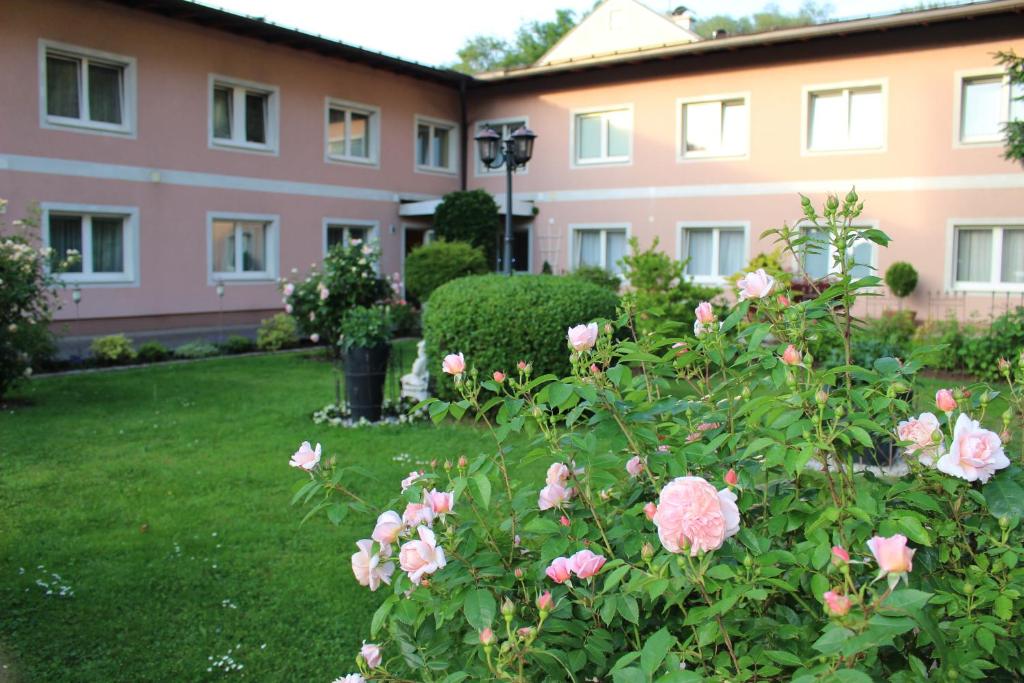 un edificio con rosas rosas en un patio en Hotel Ganslhof - Adults only, en Salzburgo