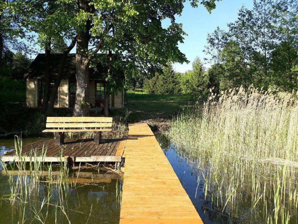 a wooden walkway next to a pond with benches at Domek na Skraju Wsi dostęp do jeziora UBLIK in Konopki Wielkie