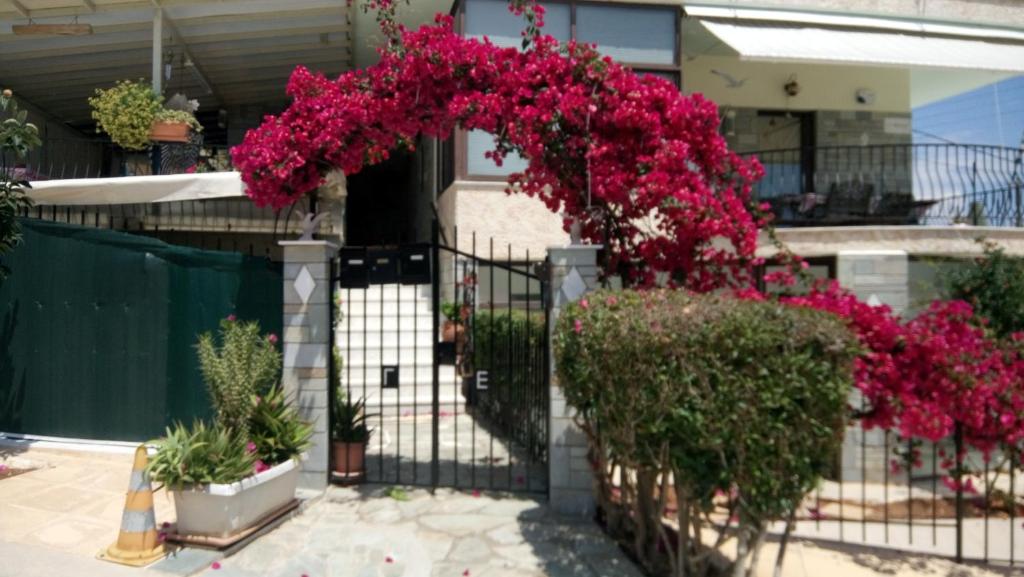 uma cerca de ferro forjado com flores cor-de-rosa em Villa George - Family Holidays em Nea Makri