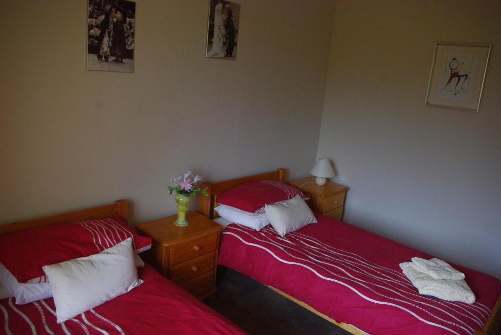 2 Betten in einem Schlafzimmer mit roter Bettwäsche und weißen Kissen in der Unterkunft La Maison Celtique in Saint-Nicolas-du-Pélem