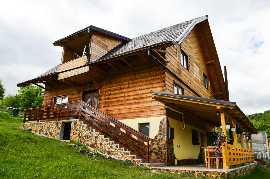 a large wooden house on top of a hill at Cabana Ioana in Munună