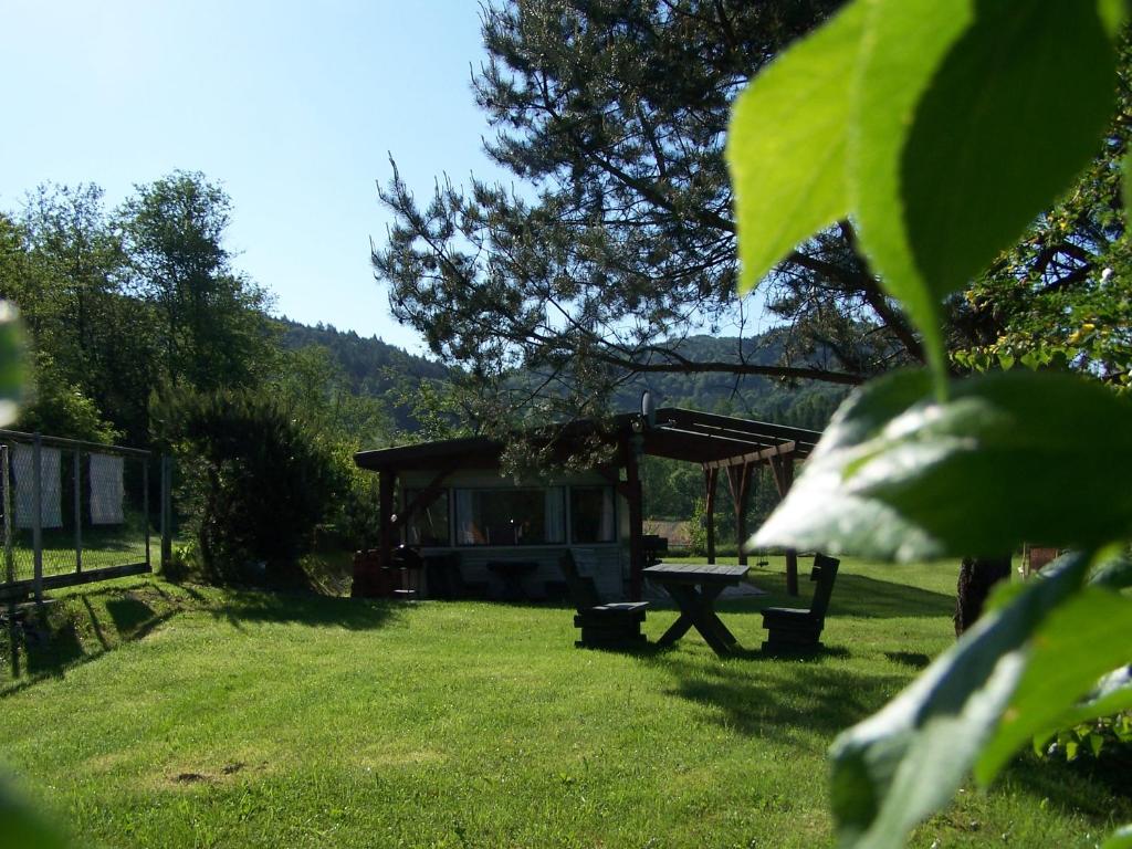 un parque con una mesa de picnic en el césped en Domek wypoczynkowy Zdrój, en Wysowa-Zdrój