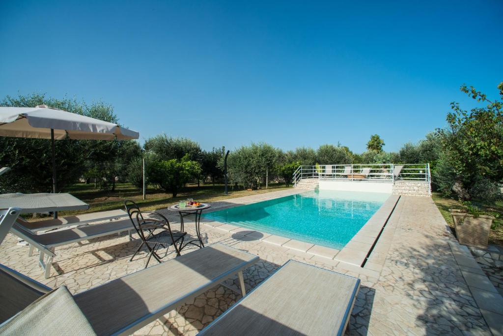 uma piscina com mesa e cadeiras ao lado em Relais il Melograno em Arnesano