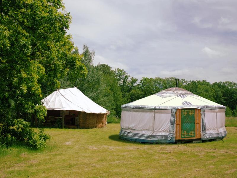 a couple of tents in a field with trees at Yourte d'Aiguevives in Céré-la-Ronde