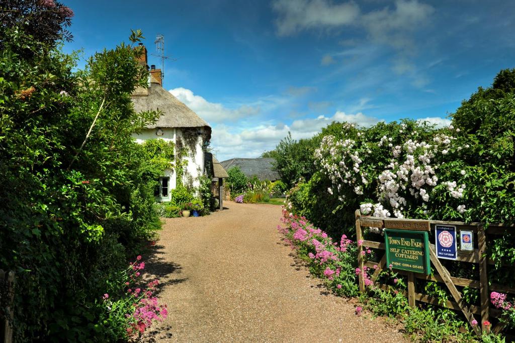 a cottage with flowers on the side of a road at Town End Farm Cottages in Taunton