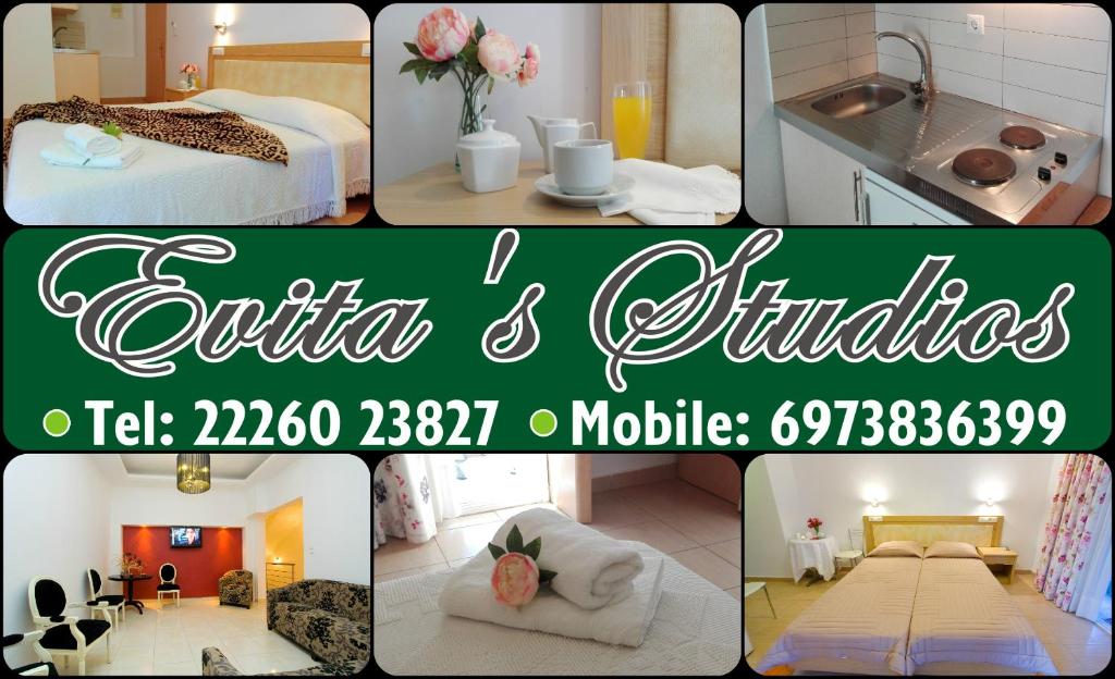 a collage of pictures of a hotel room at Evita's Studios in Loutra Edipsou