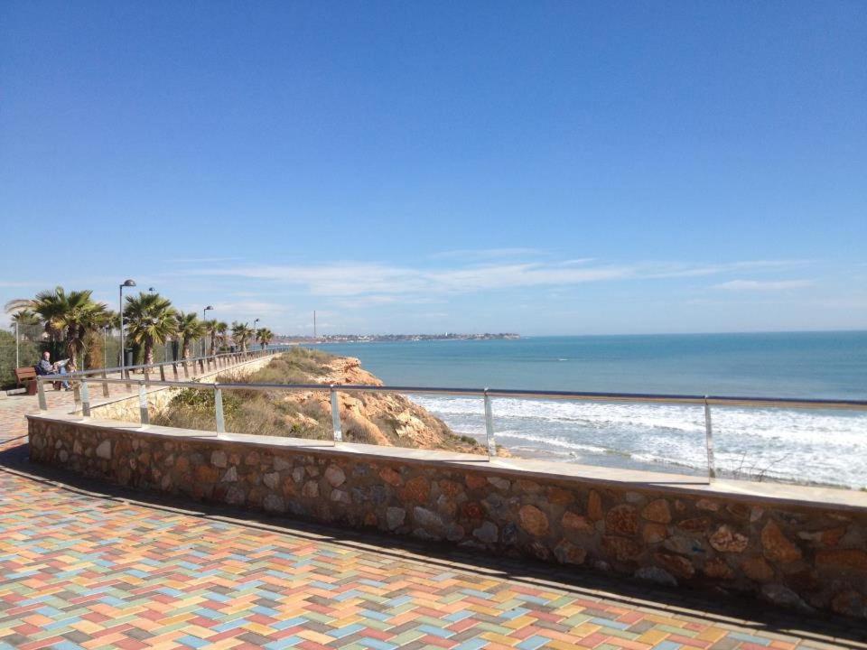 een uitzicht op een strand met palmbomen en de oceaan bij Mil Palmeras 4210 in Torre de la Horadada