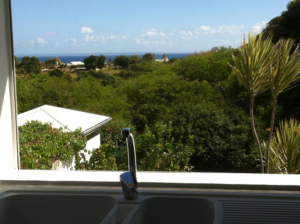 a kitchen window with a view of the ocean at Bois patate location in Sainte-Anne