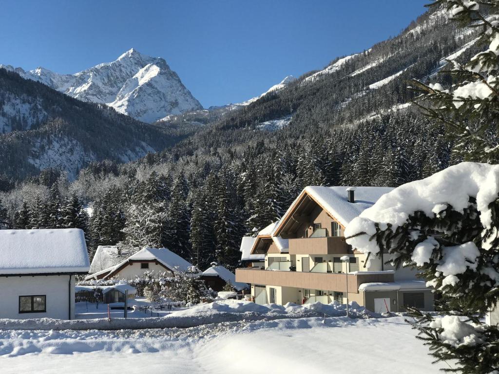 un edificio nella neve con una montagna sullo sfondo di Urlaubsapartments Pfleger a Hinterstoder