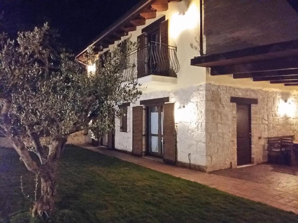 uma casa à noite com uma árvore no quintal em Casa immersa nel verde em Torricella Peligna