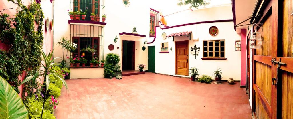 een lege binnenplaats van een huis met planten bij Casa Jacinta Guest House in Mexico-Stad