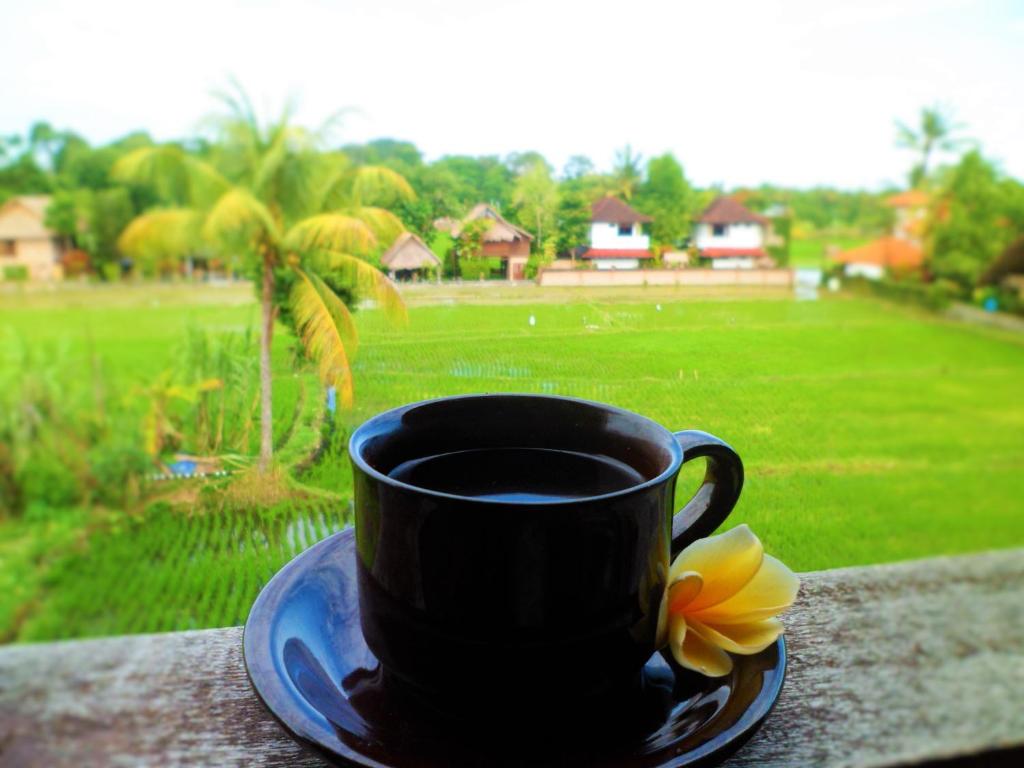 Una taza de café negra en un plato con una flor. en Nuriani Rooms, en Ubud