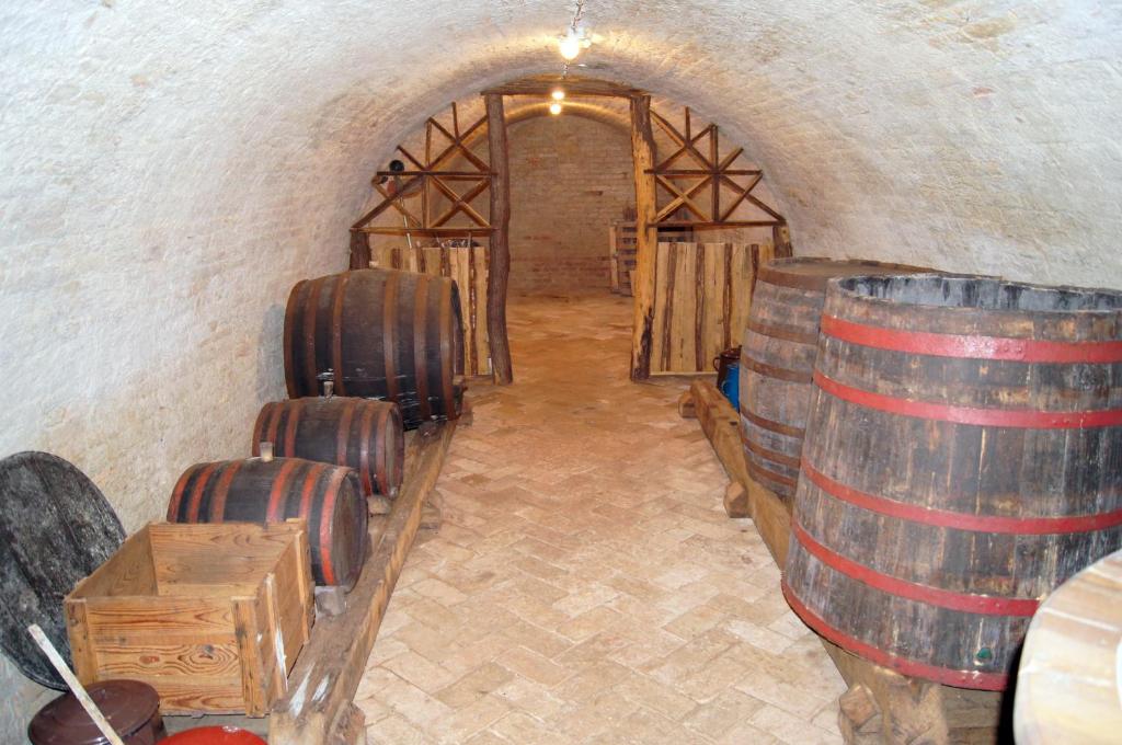a room with three wine barrels in a tunnel at Guest House Stara Baranja in Kneževi Vinogradi