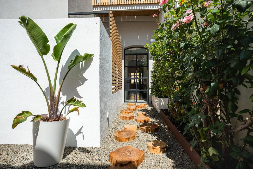 een binnenplaats met een plant en houten krukken bij Sodium Boutique Hotel in Ciutadella