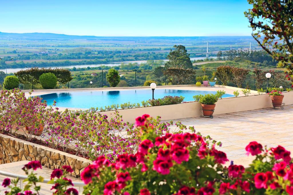 a swimming pool with red flowers in a garden at Verdi Santarém in Santarém