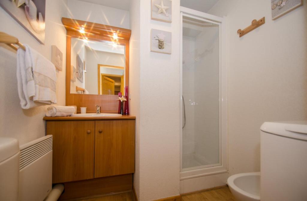 a bathroom with a shower and a sink and a toilet at Litchi Apartment in Chamonix