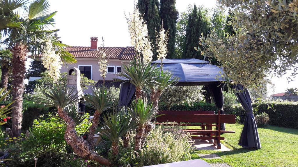 einen Garten mit einem blauen Regenschirm und einer Bank in der Unterkunft Relax green house in Rovinj