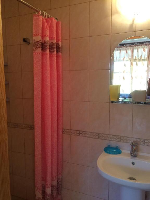 baño con lavabo y cortina de ducha roja en Гостевой дом ESHERA, en Sukhum