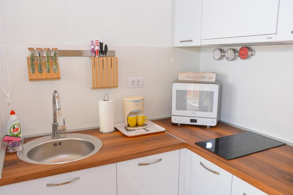 a kitchen counter with a sink and a microwave at Apartment and room Sveti Jakov in Dubrovnik