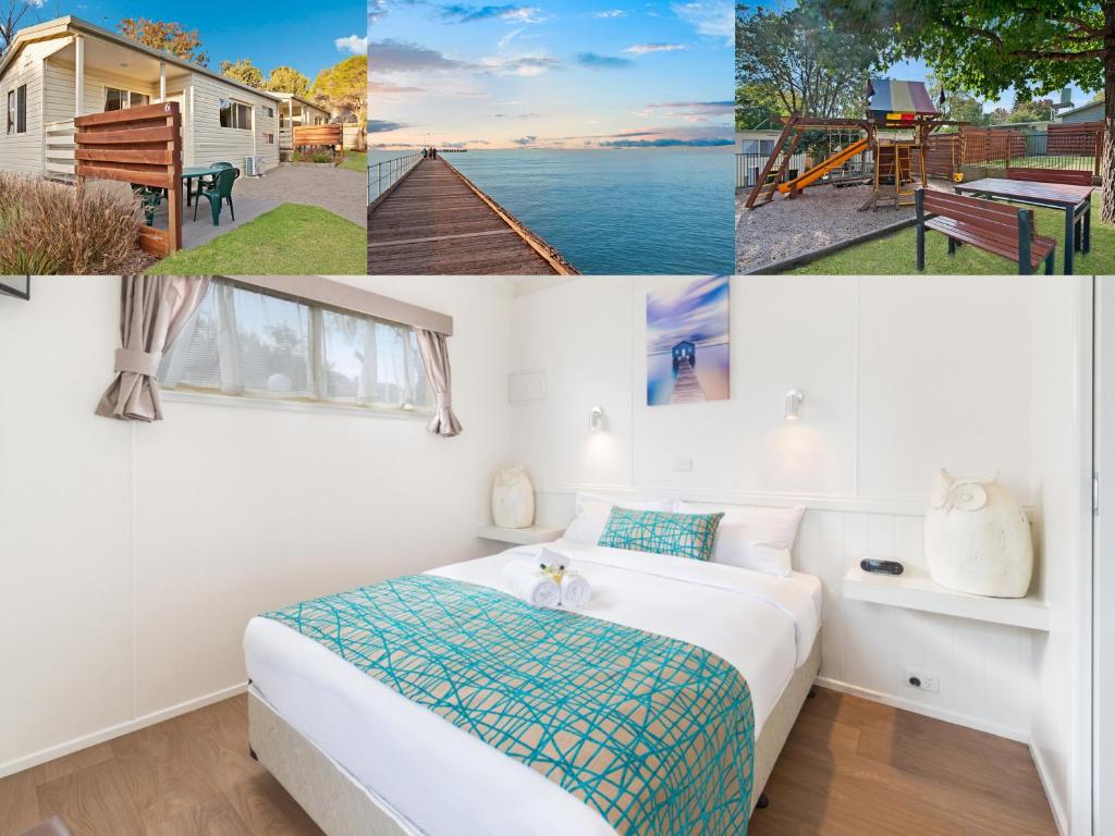 a collage of photos of a hotel room with a bed at Kanasta Caravan Park in Rye