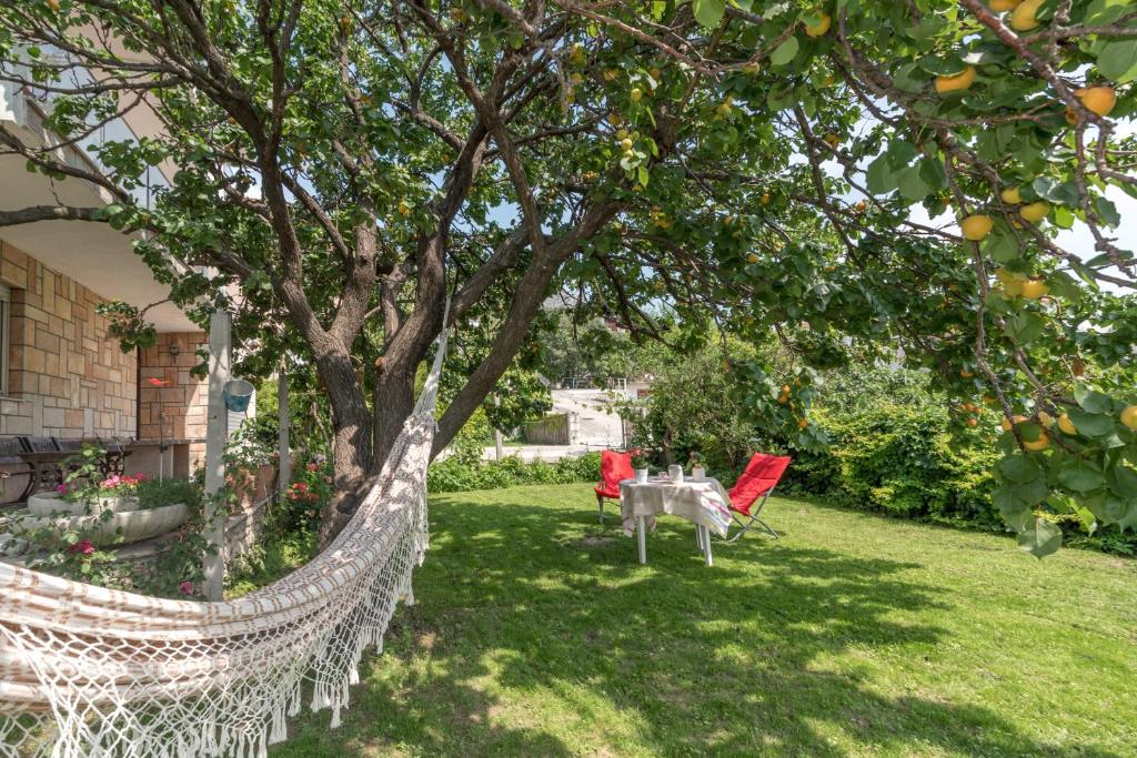 twee rode stoelen en een tafel onder een boom bij Apartments Radica in Podstrana