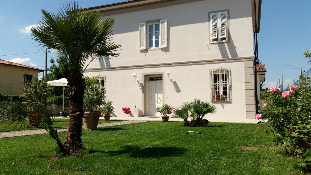 una casa bianca con una palma nel cortile di Casa Oliver a Lucca