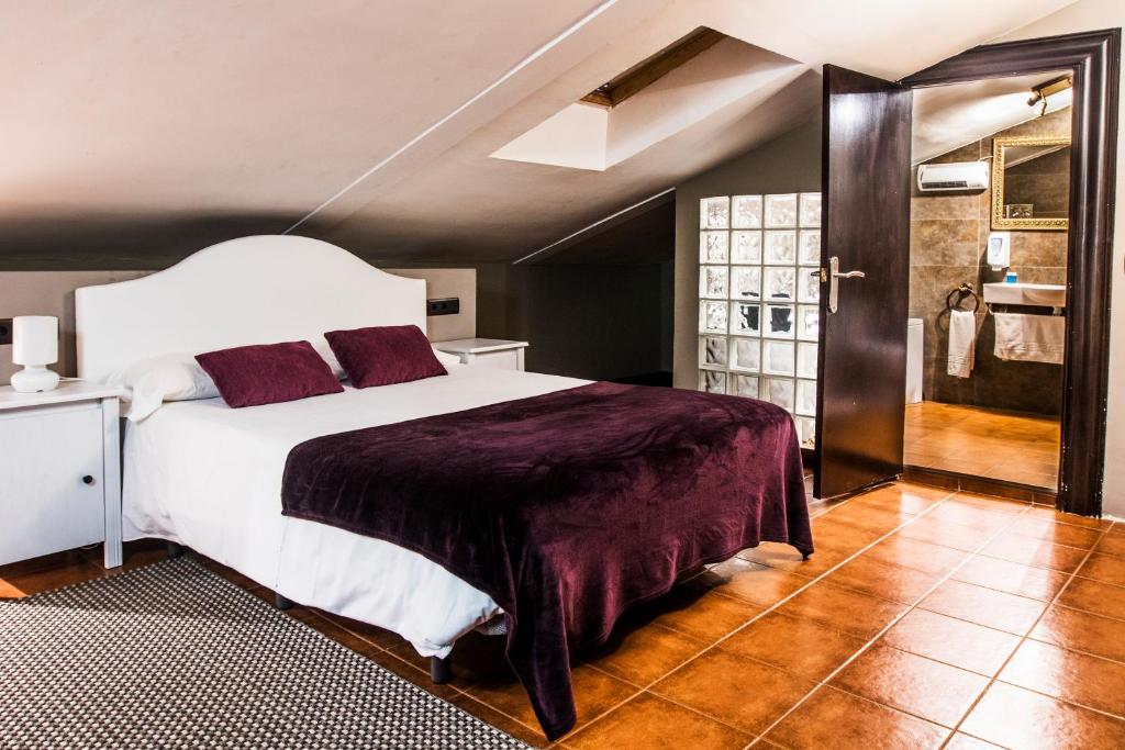 a bedroom with a large bed and a bathroom at La Posada De La Magistral in Alcalá de Henares