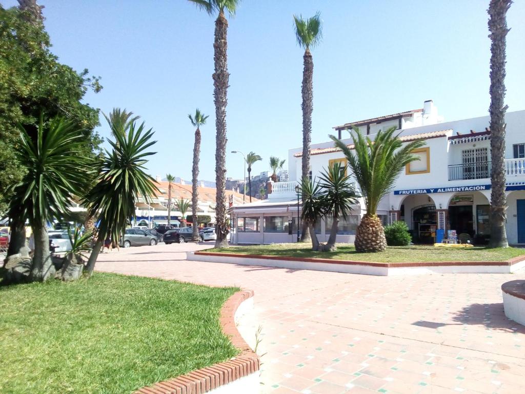 una calle con palmeras frente a un edificio en salobreña primera linea de playa, en Salobreña