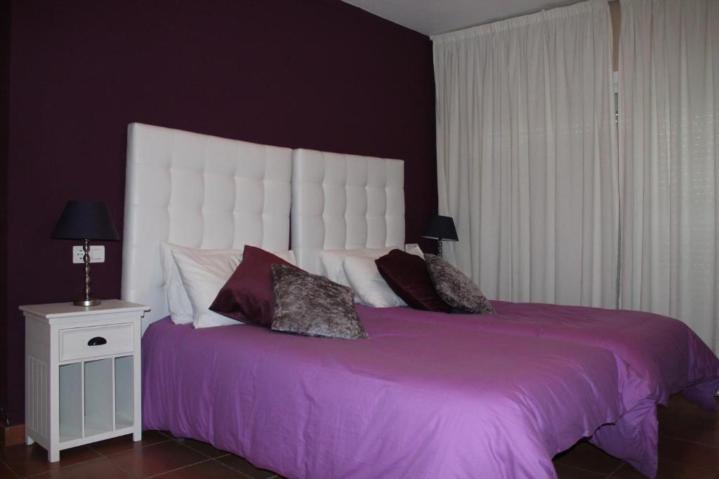 聖馬丁德爾特索利奧的住宿－薩瓦納旅舍，一间卧室配有一张大床,提供紫色床单和枕头