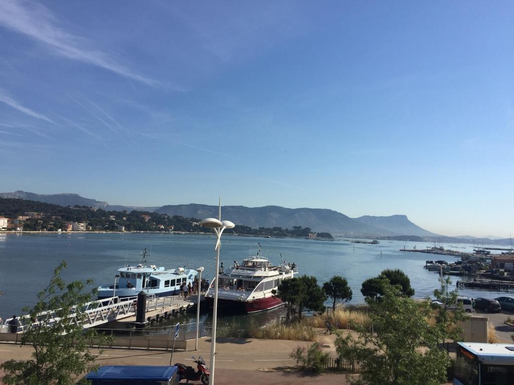 ラ・セーヌ・シュル・メールにあるStudio Bord de Mer (Wifi + Netflix)の水上の桟橋に停泊した船2隻