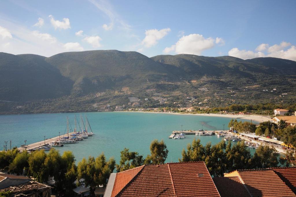 a view of a harbor with boats in the water at Vasiliki Blue in Vasiliki