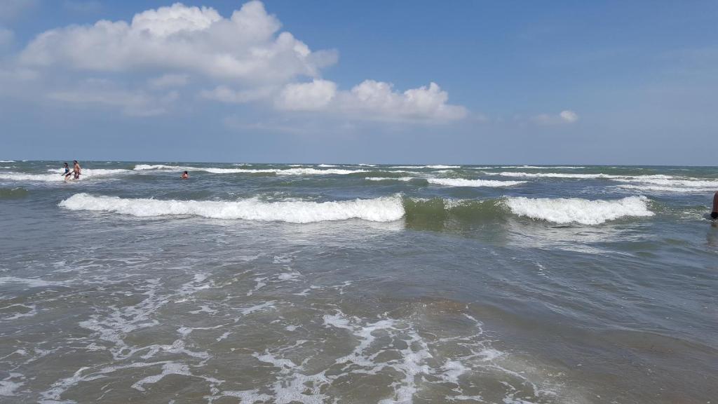 un gruppo di persone che nuotano nell'oceano di Sunny Beach Mobile Homes Rosapineta a Rosapineta