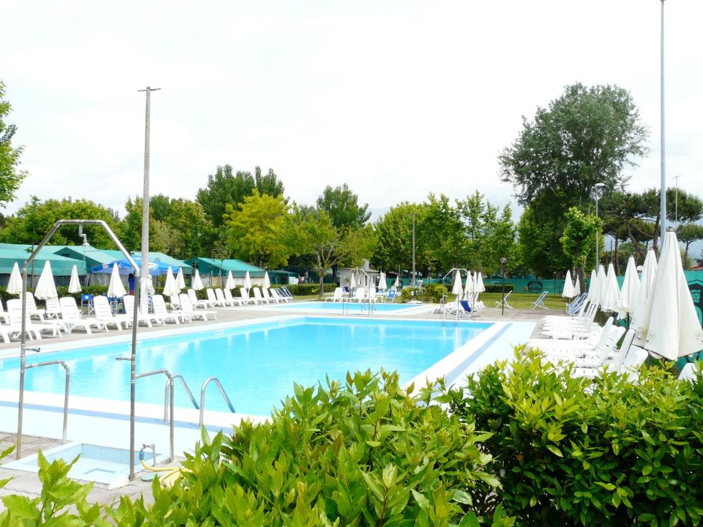 una grande piscina con sedie e ombrelloni di Camping Giardino a Marina di Massa
